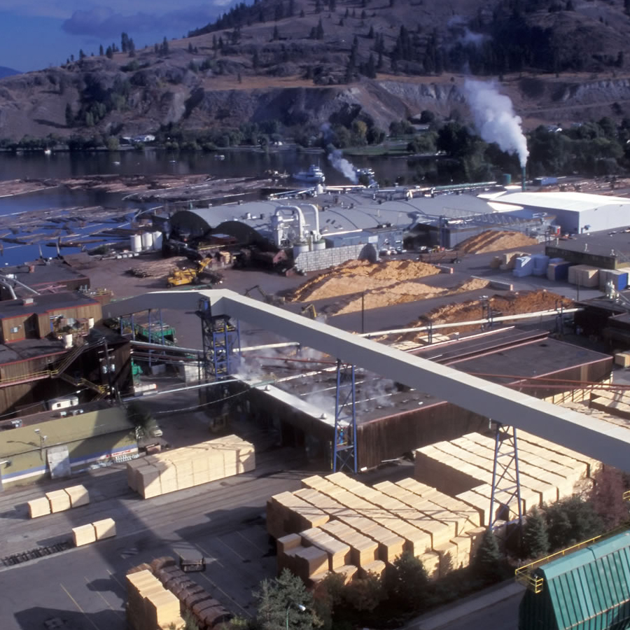 Bird's-eye view of waterside lumber mill