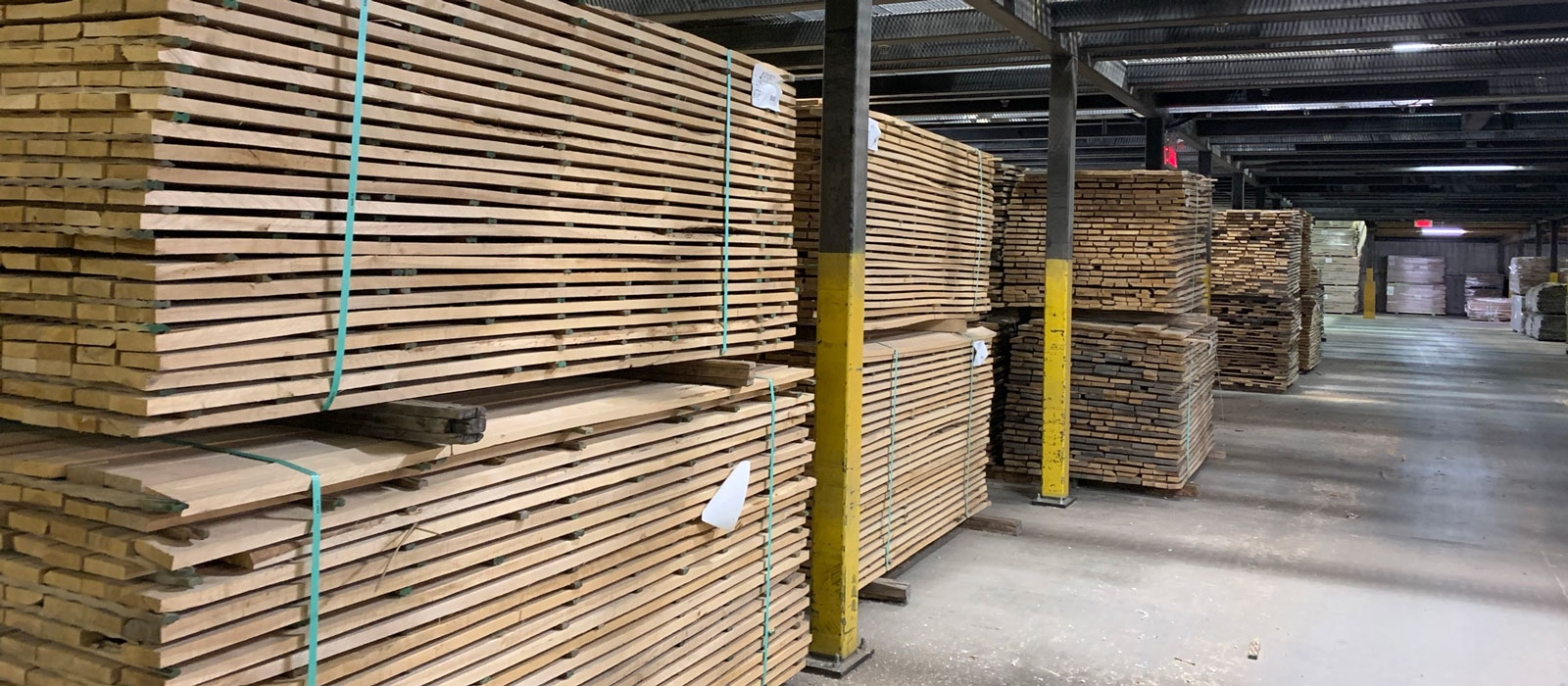 Stacks of wet lumber under production line