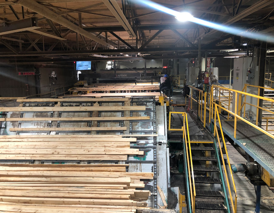 Lumber on conveyor in sawmill